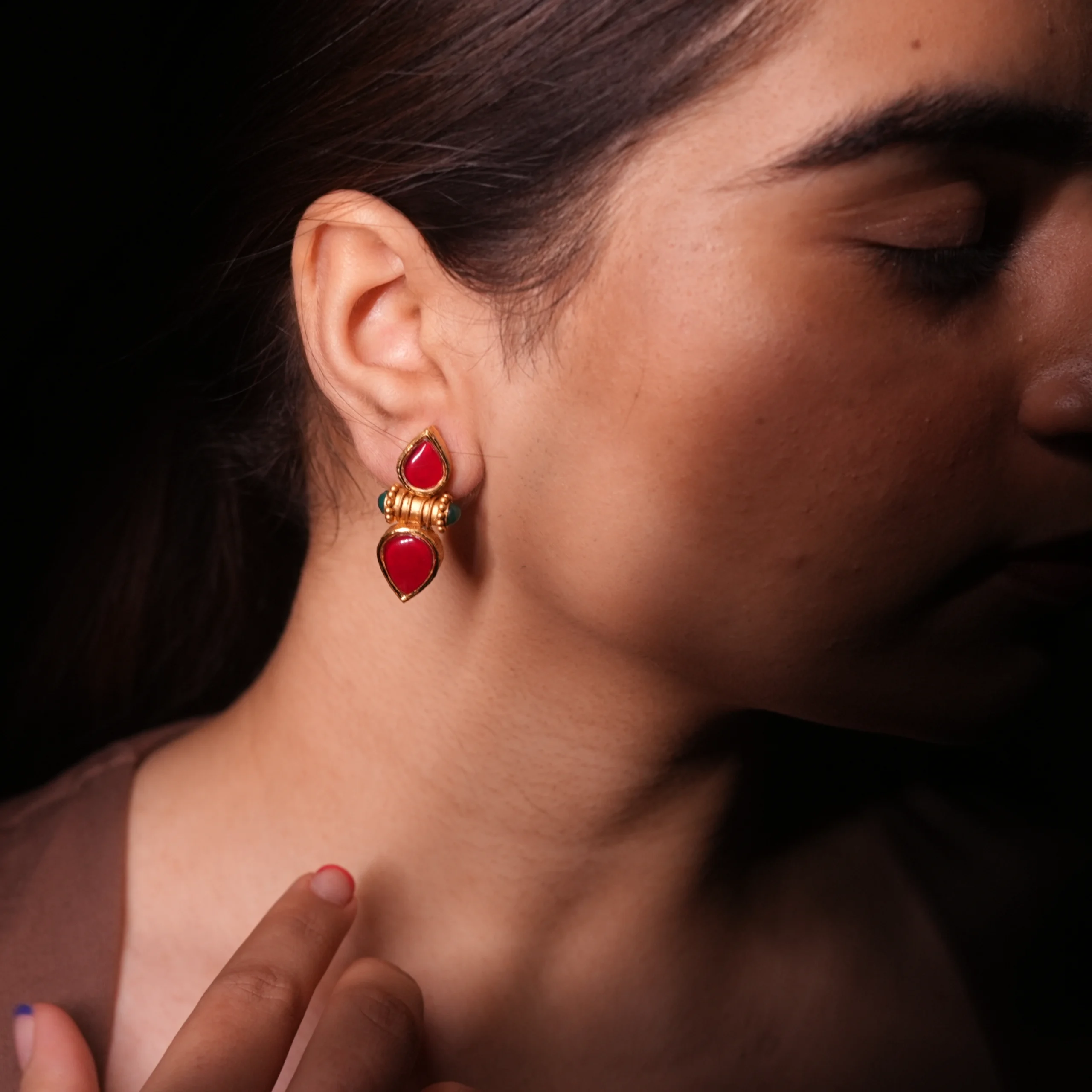 Heritage 22kt Gold Earrings with Ruby Red & Emerald Green Accents - Image 4