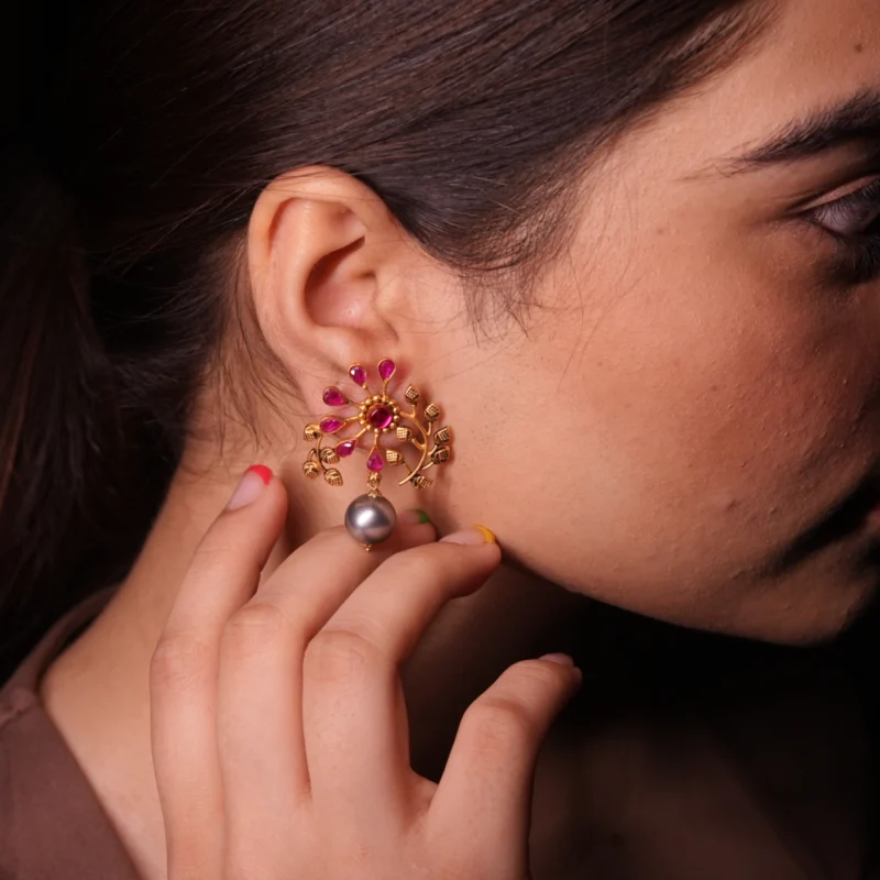 Royal Bloom Gold Earrings with Pink Stones & Grey Pearls - Image 3