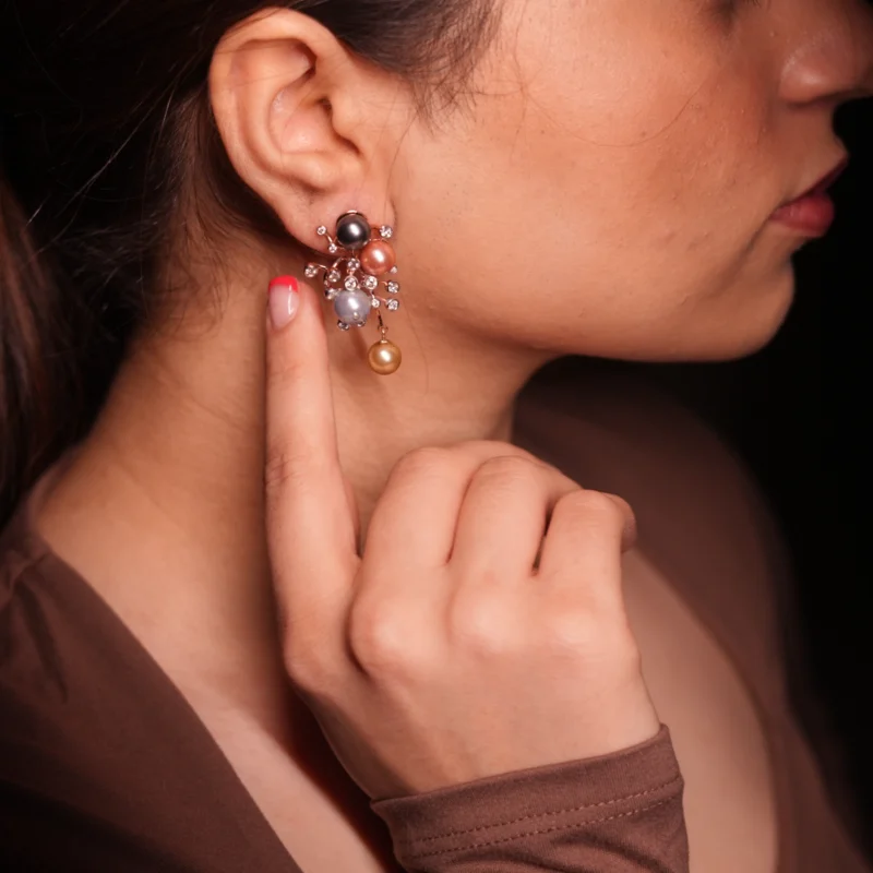 Elegant Multi-Colored Pearl & Diamond Studded Earrings - Image 4
