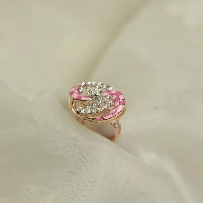 Designer Gold Diamond Ring with Pink Enamel Detailing