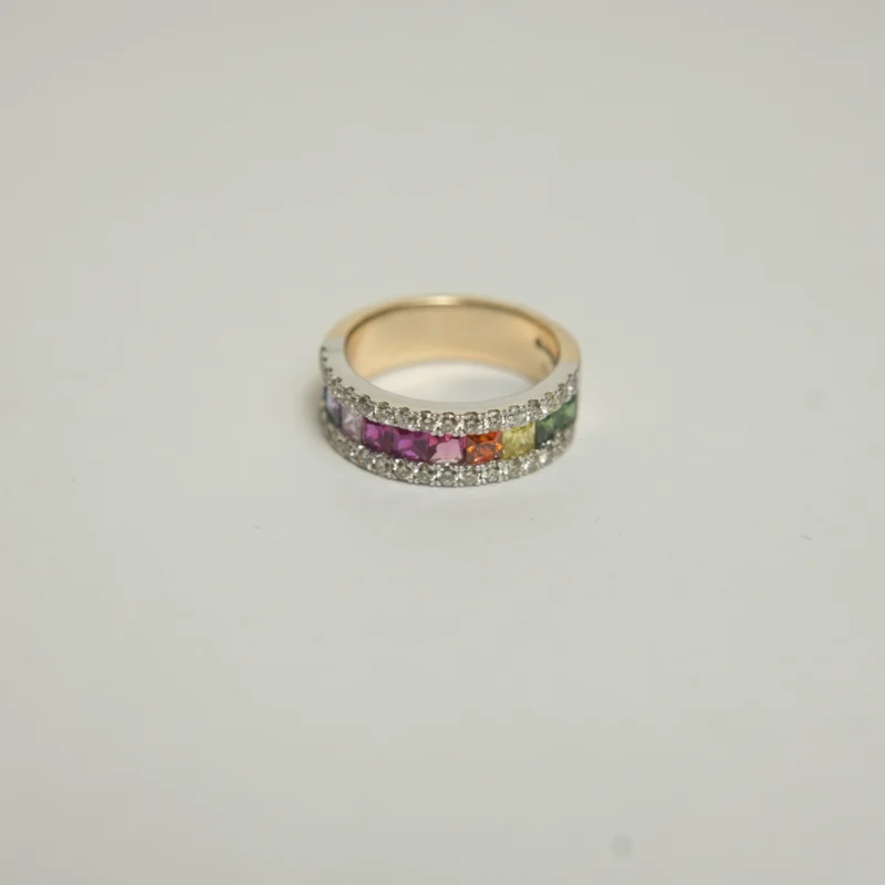Luxurious Gold Diamond Ring with Vibrant Gemstone Accents - Image 3