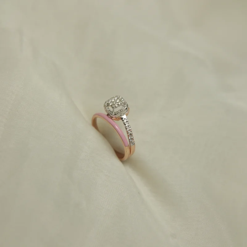 Elegant Gold Diamond Ring with Pink Enamel Accent - Image 2