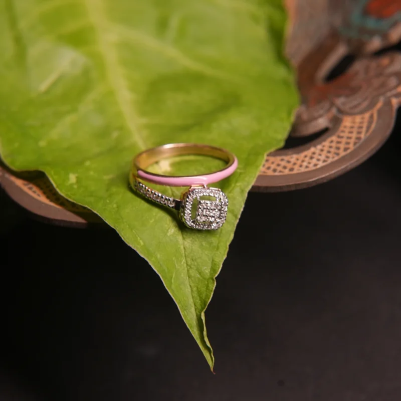 Elegant Gold Diamond Ring with Pink Enamel Accent - Image 3