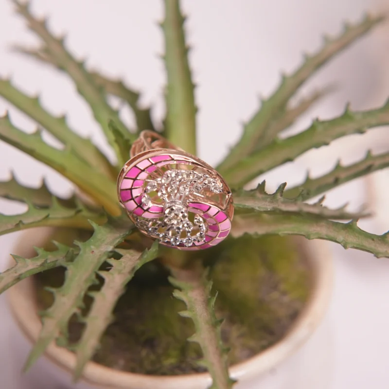 Designer Gold Diamond Ring with Pink Enamel Detailing - Image 3