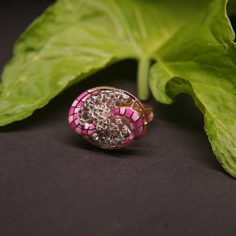Designer Gold Diamond Ring with Pink Enamel Detailing - Image 2