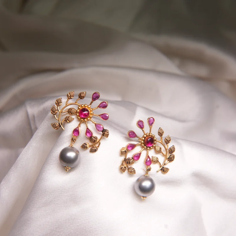 Royal Bloom Gold Earrings with Pink Stones & Grey Pearls