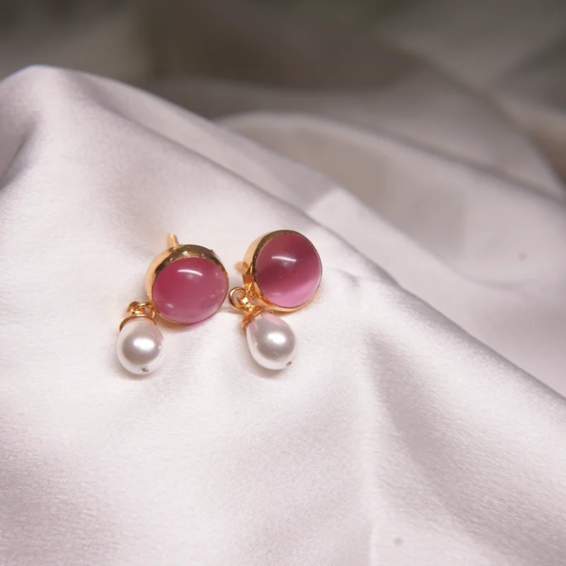Elegant 22Kt Gold Plated Pink Stone & Pearl Drop Earrings
