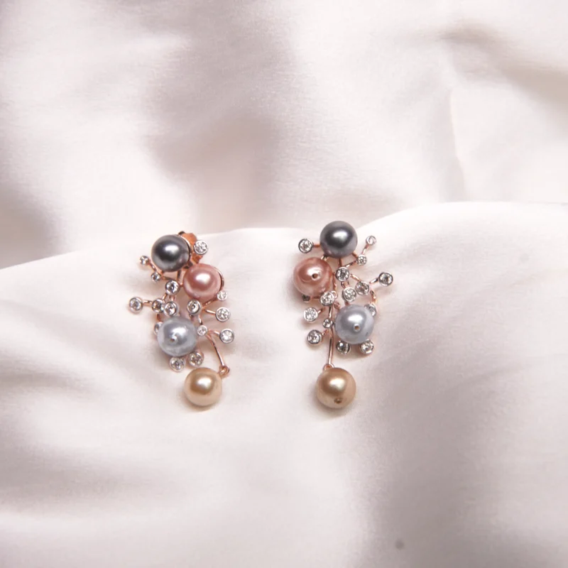 Elegant Multi-Colored Pearl & Diamond Studded Earrings