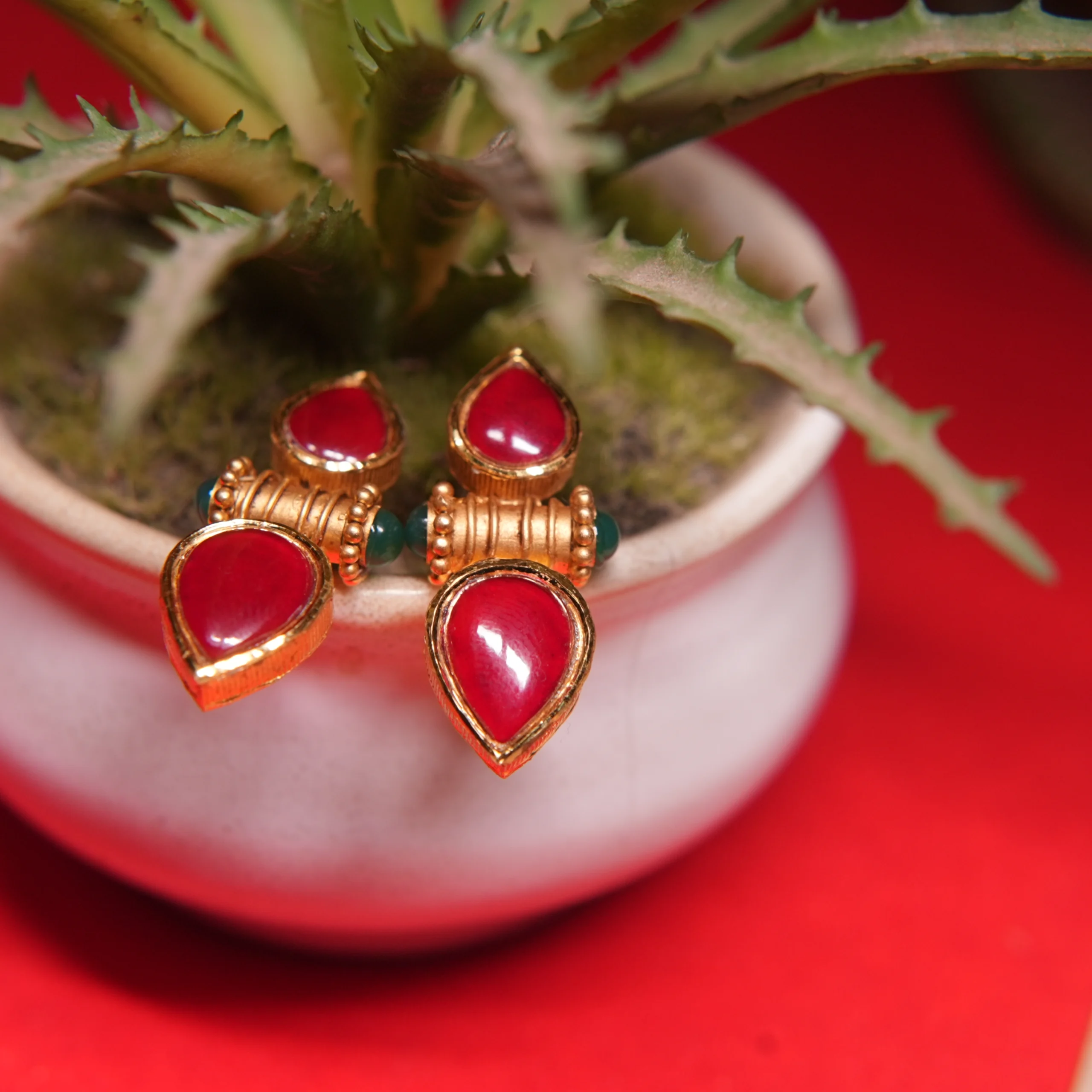 Heritage 22kt Gold Earrings with Ruby Red & Emerald Green Accents - Image 2