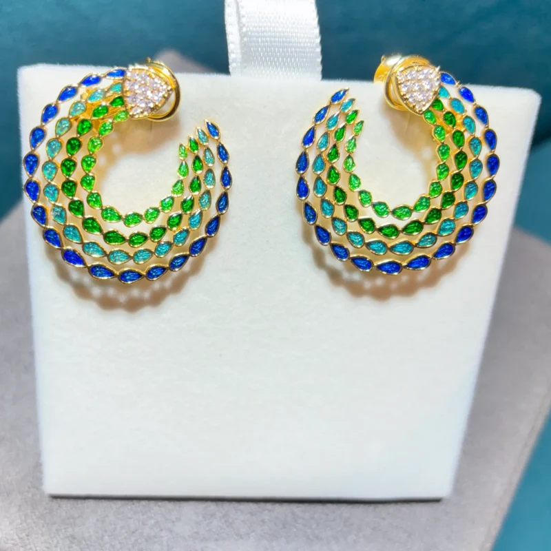 925 Silver Peacock Motif Earrings – Enamel Blue & Green Finish - Image 2