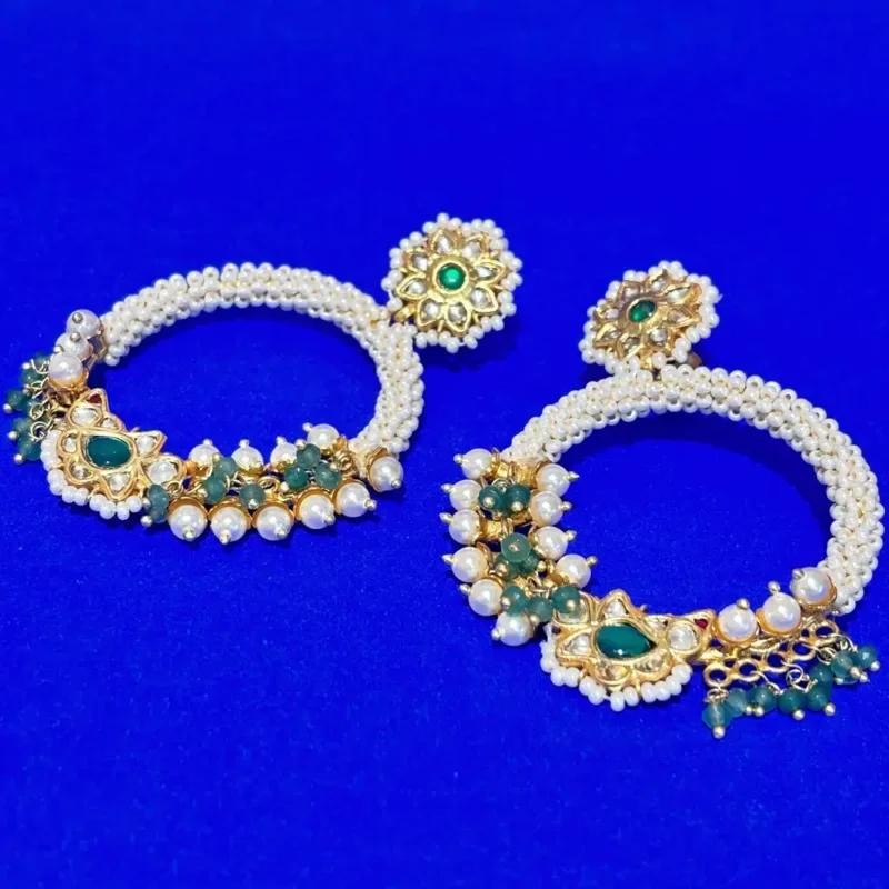 925 Silver Pearl Hoop Earrings with Green Stone & Kundan Detailing - Image 2