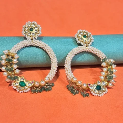 925 Silver Pearl Hoop Earrings with Green Stone & Kundan Detailing