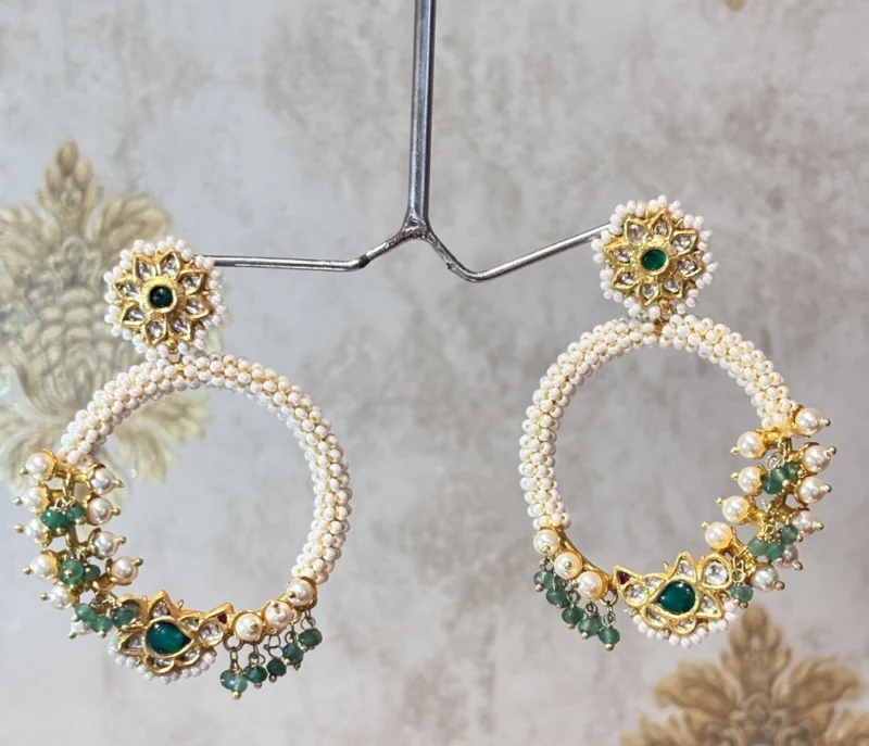 925 Silver Pearl Hoop Earrings with Green Stone & Kundan Detailing - Image 3