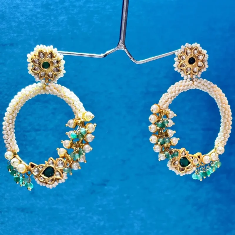 925 Silver Pearl Hoop Earrings with Green Stone & Kundan Detailing - Image 4