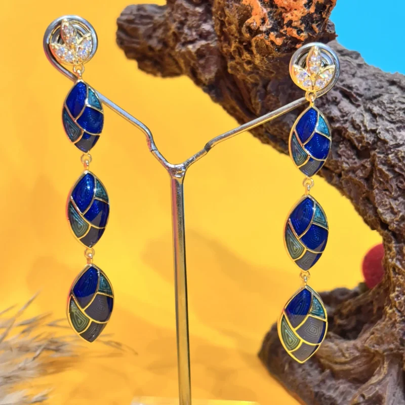 Elegant Silver Enamel Drop Earrings with Blue & Green Detailing - Image 2