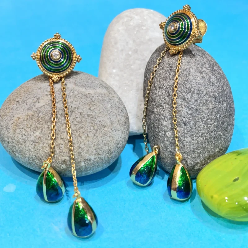 Chic Silver Enamel Drop Earrings with Green & Blue Teardrop Design