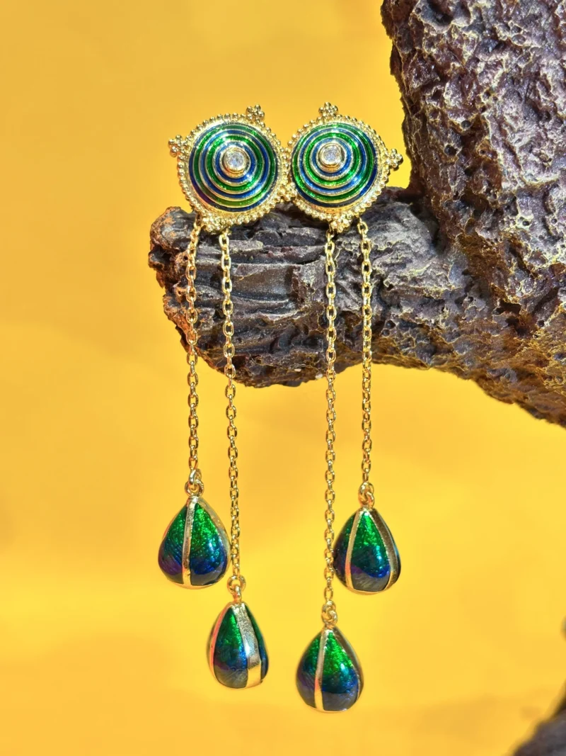 Chic Silver Enamel Drop Earrings with Green & Blue Teardrop Design - Image 2
