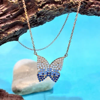 Elegant Silver Butterfly Pendant with Blue & White Stones on Chain