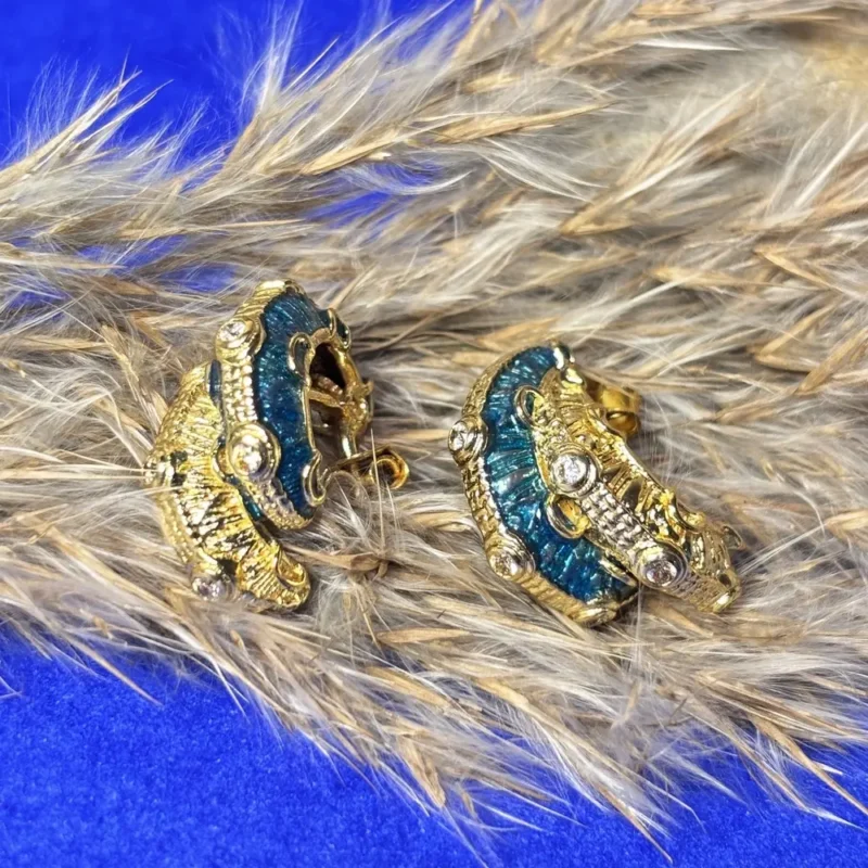 Elegant Silver Bali Earrings with Blue Enamel & Stone Detailing - Image 2