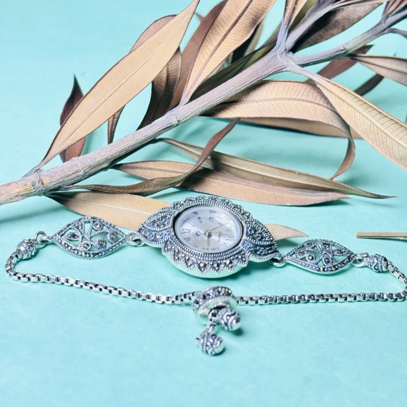 Antique Silver Designer Watch with Intricate Floral Detailing - Image 2