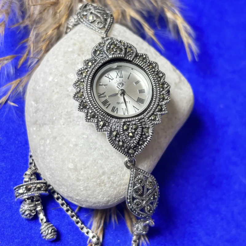 Antique Silver Designer Watch with Intricate Floral Detailing - Image 3