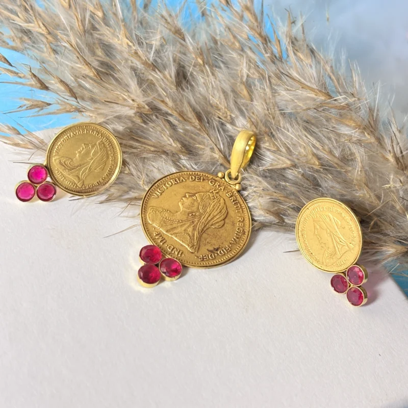Antique Gold Coin Pendant Set with Ruby Stone Detailing
