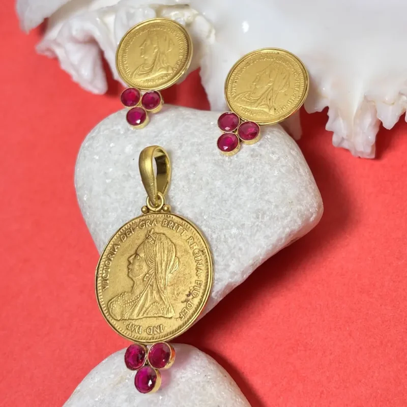 Antique Gold Coin Pendant Set with Ruby Stone Detailing - Image 2