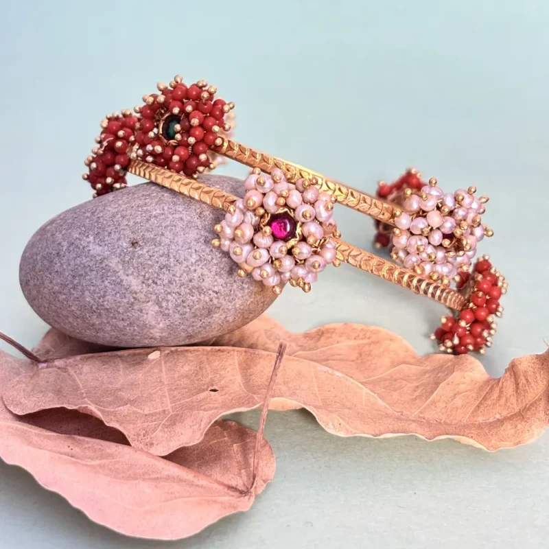 Elegant Silver Bangles with Pearl & Bead Floral Design - Image 3