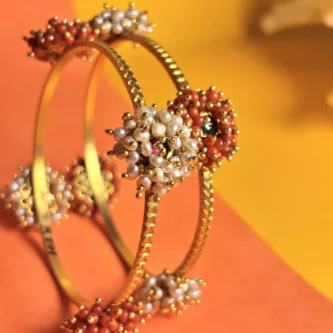 Elegant Silver Bangles with Pearl & Bead Floral Design