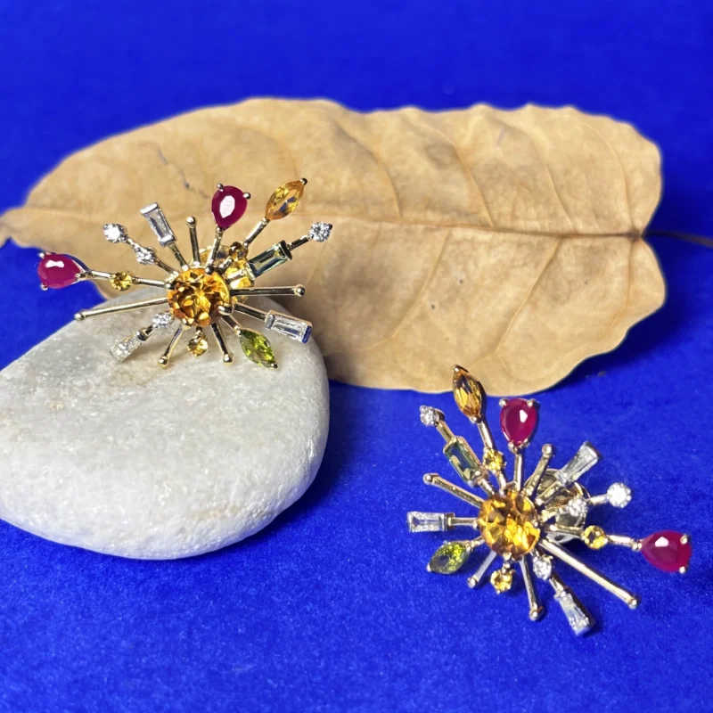 Sunburst Diamond & Gemstone Statement gold Earrings - Image 2