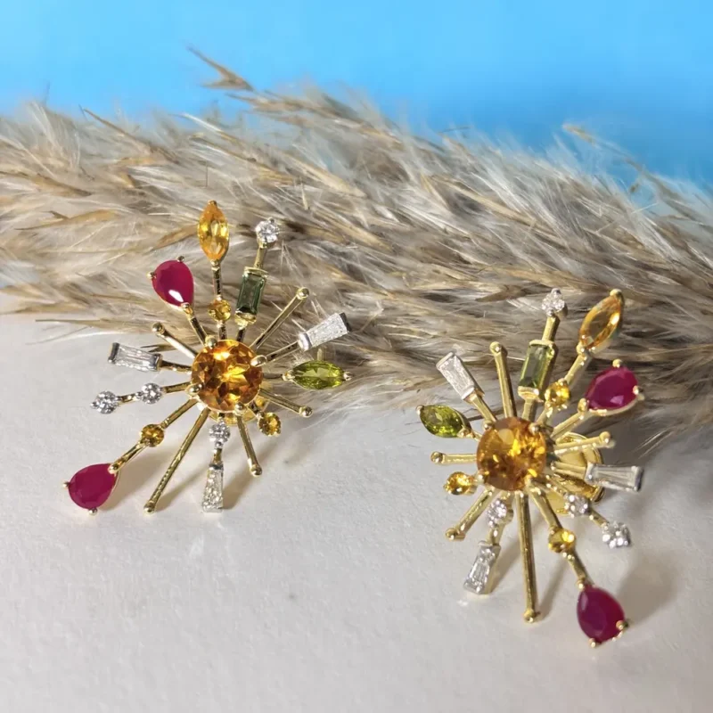 Sunburst Diamond & Gemstone Statement gold Earrings