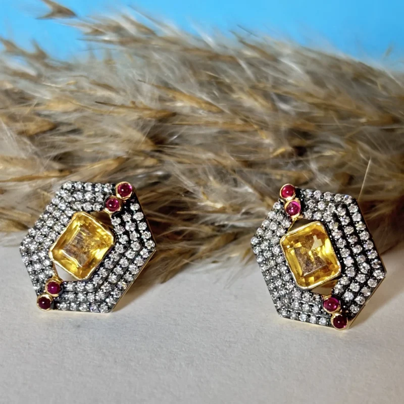 Radiant Yellow Sapphire & Gold  Diamond Stud Earrings with Ruby Accents - Image 3