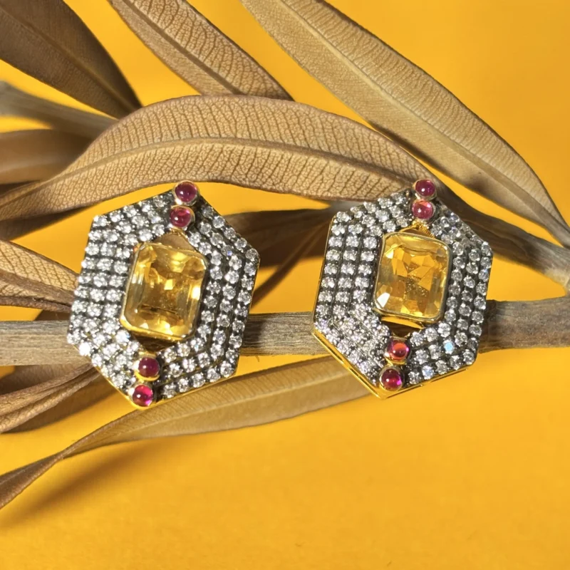 Radiant Yellow Sapphire & Gold  Diamond Stud Earrings with Ruby Accents - Image 2