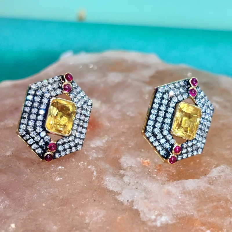 Radiant Yellow Sapphire & Gold  Diamond Stud Earrings with Ruby Accents