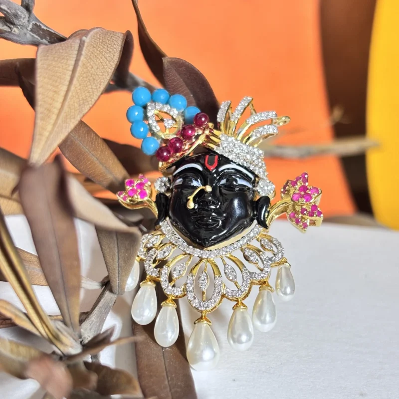 Exquisite Diamond Pendant of Shrinath Ji with Pearl & Gemstone Detailing - Image 2