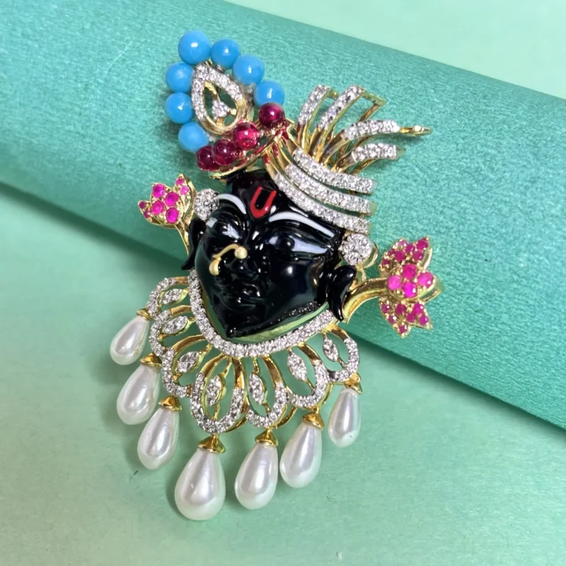 Exquisite Diamond Pendant of Shrinath Ji with Pearl & Gemstone Detailing