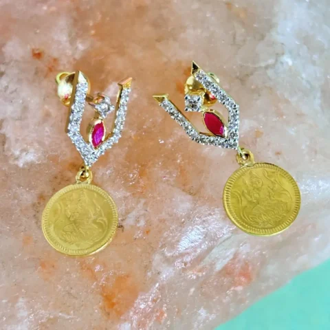 Traditional Gold Diamond Earrings with Ruby Accent & Coin Drop