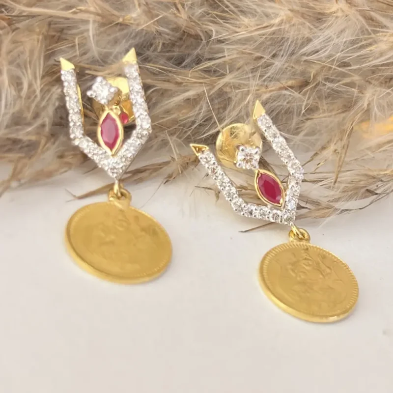 Traditional Gold Diamond Earrings with Ruby Accent & Coin Drop - Image 2