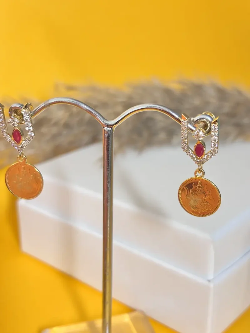 Traditional Gold Diamond Earrings with Ruby Accent & Coin Drop - Image 5