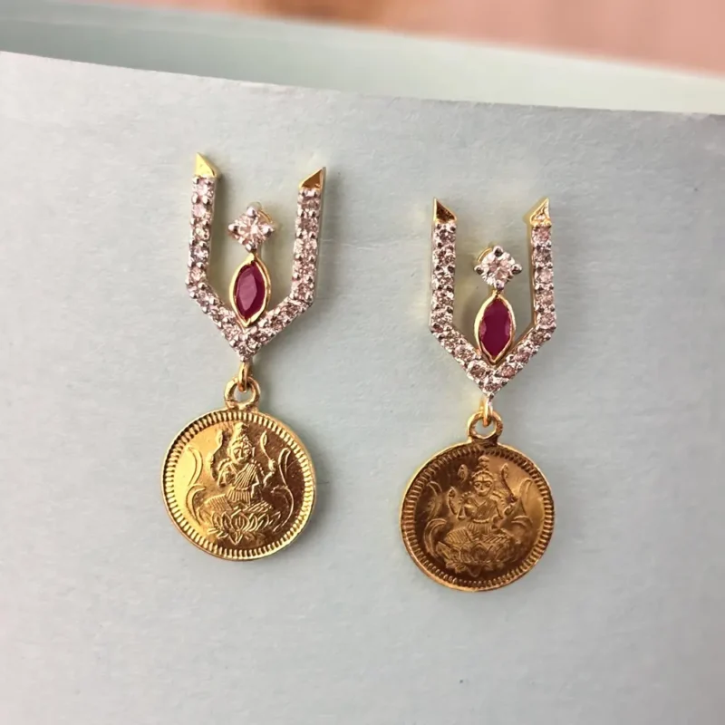 Traditional Gold Diamond Earrings with Ruby Accent & Coin Drop - Image 3