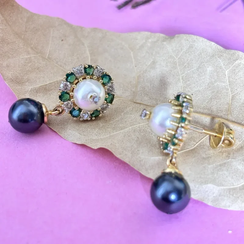 Gold Diamond Earrings with Dual Pearl Drop & Emerald Accents