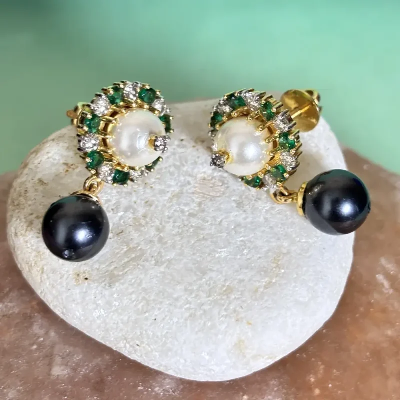 Gold Diamond Earrings with Dual Pearl Drop & Emerald Accents - Image 2