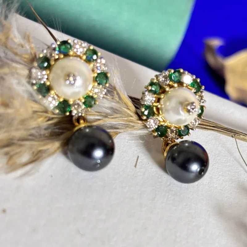 Gold Diamond Earrings with Dual Pearl Drop & Emerald Accents - Image 4
