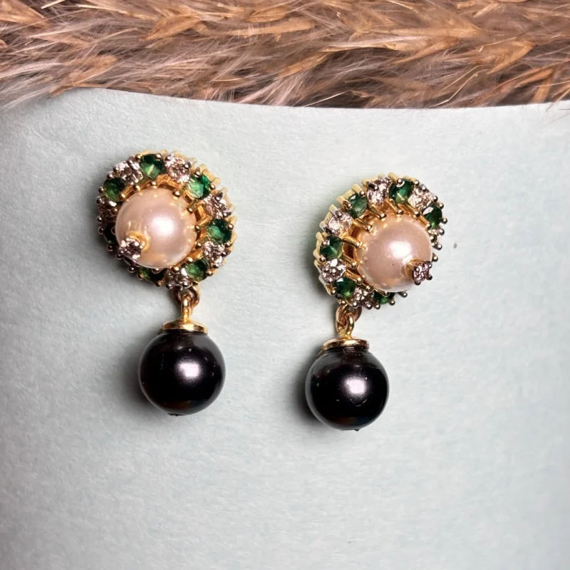 Gold Diamond Earrings with Dual Pearl Drop & Emerald Accents - Image 5