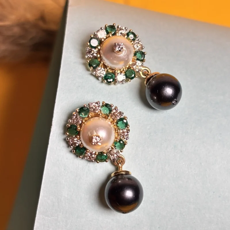 Gold Diamond Earrings with Dual Pearl Drop & Emerald Accents - Image 3