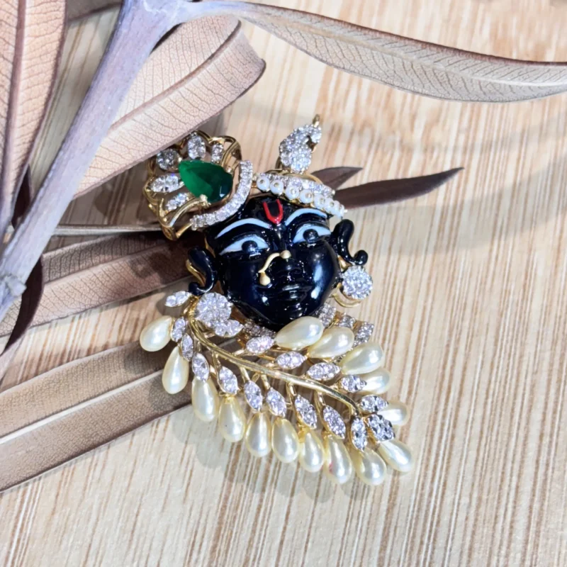 Divine Gold Diamond Pendant with Pearl & Emerald Detailing – Lord Krishna Inspired Design - Image 3