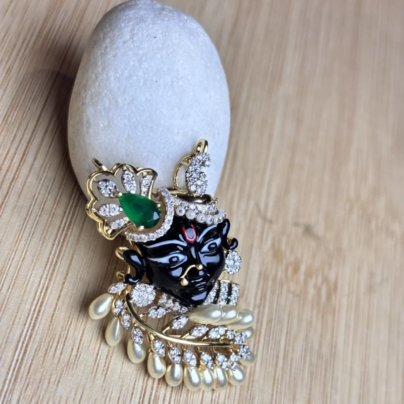 Divine Gold Diamond Pendant with Pearl & Emerald Detailing – Lord Krishna Inspired Design - Image 2