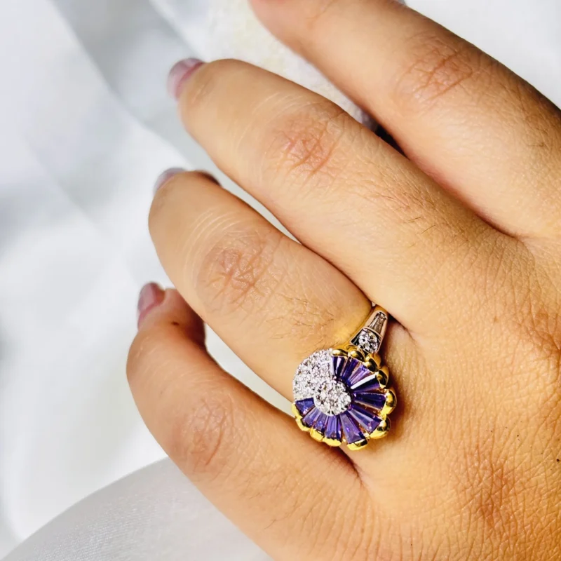 Royal Diamond Ring with Purple Gemstone Petal Design - Image 4