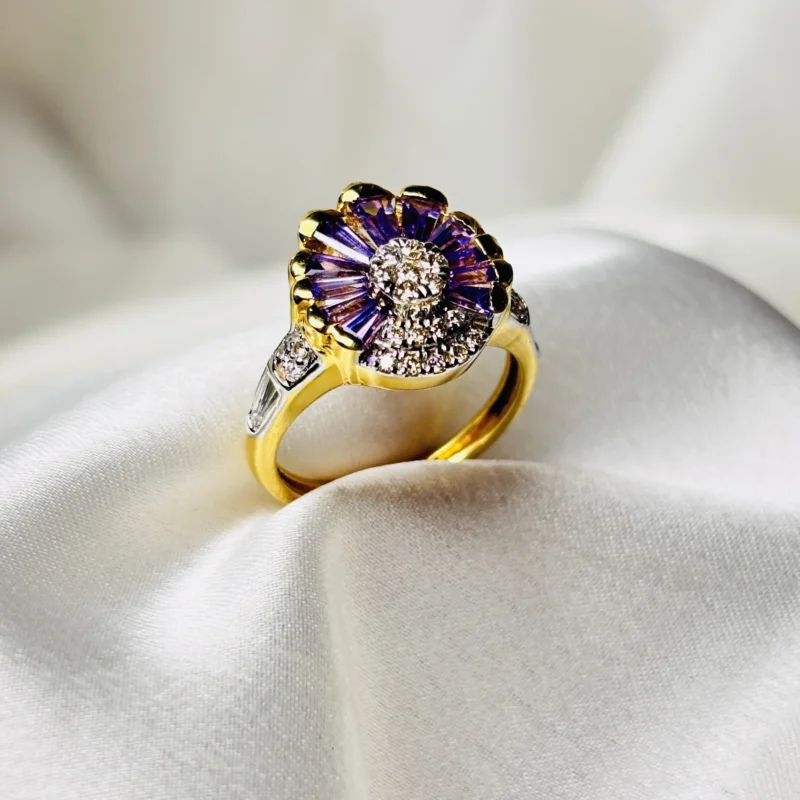 Royal Diamond Ring with Purple Gemstone Petal Design