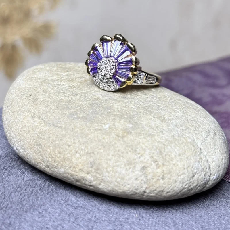 Royal Diamond Ring with Purple Gemstone Petal Design - Image 3